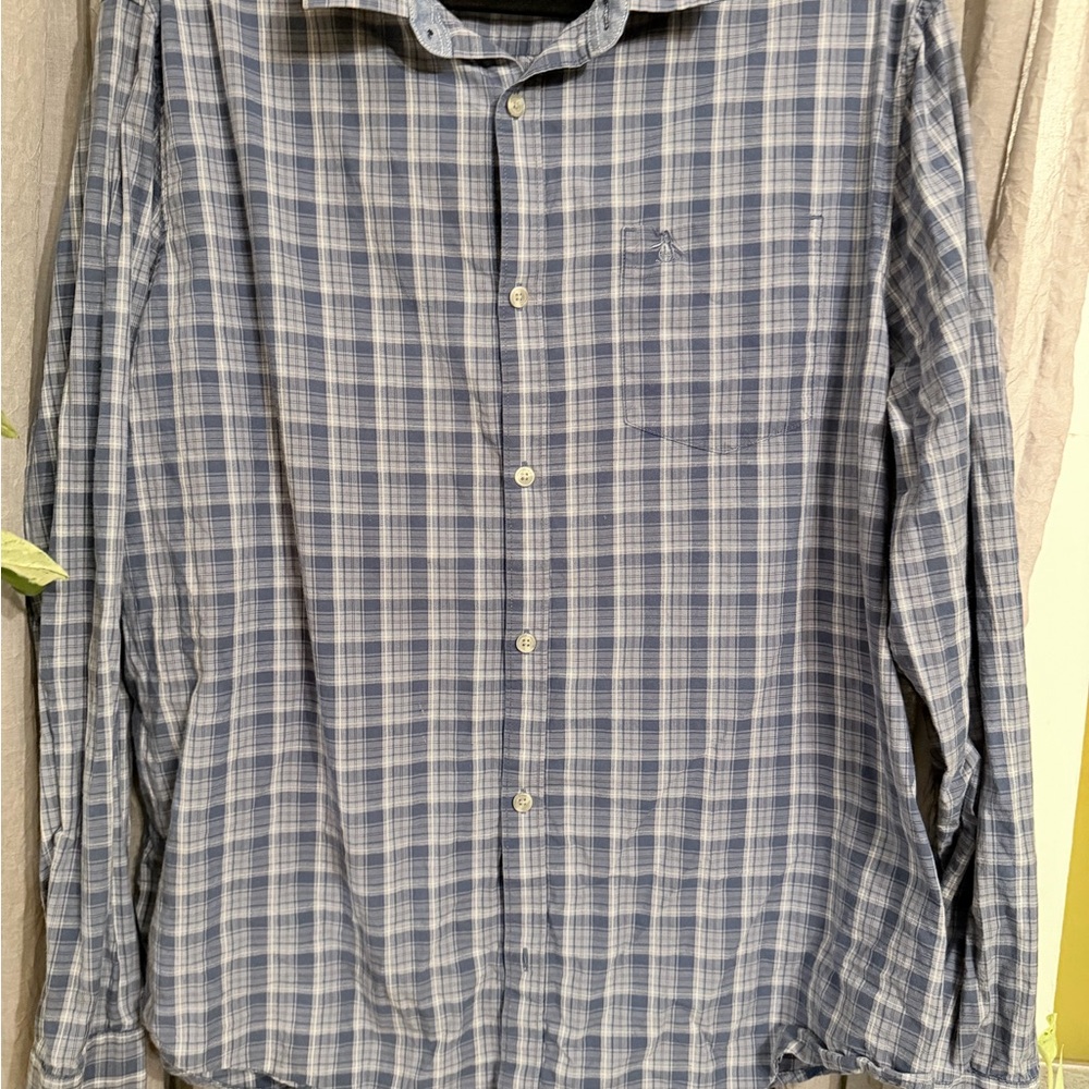 Original Penguin Blue and White Plaid Shirt long sleeve great confirm 2XL